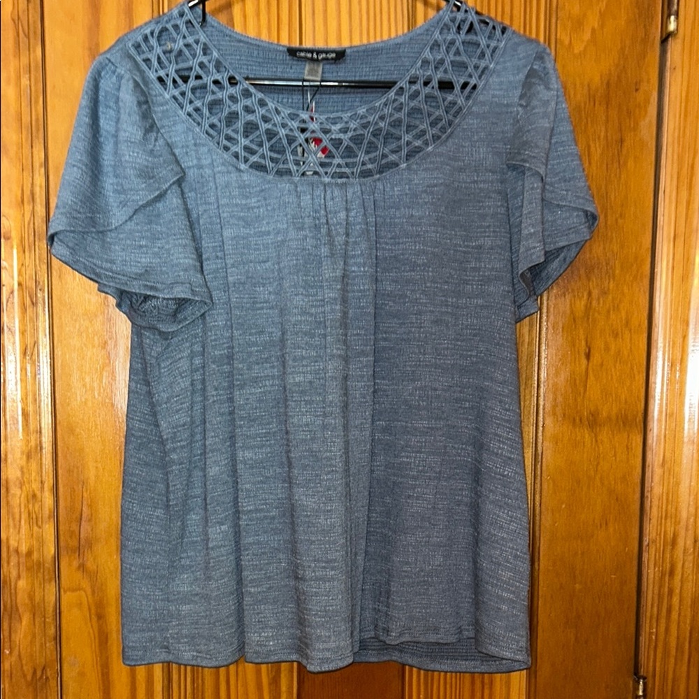 Cable & Gauge Blue Blouse with Lattice Neckline